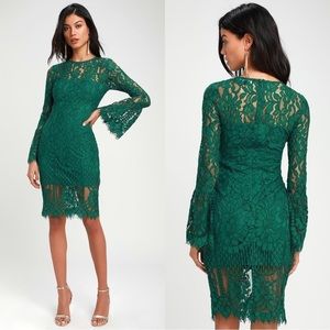 Lulu’s Enrapturing Elegance Green Lace Long Sleeve Midi Dress Size Medium